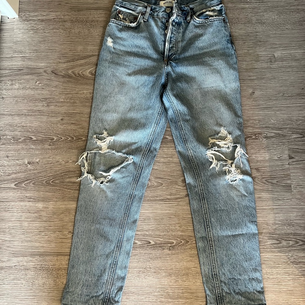 Agolde Blue Straight Leg Distressed Jeans